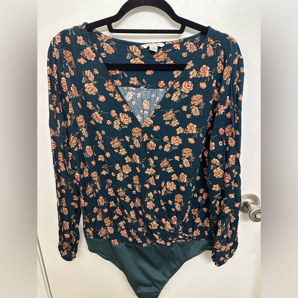 American Eagle Teal Floral Front Clasp Bodysuit, Size L